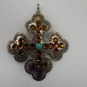 Vintage Alpaca Silver Cross Pendant – Large Ornate Design w/ Amber Rhinestones